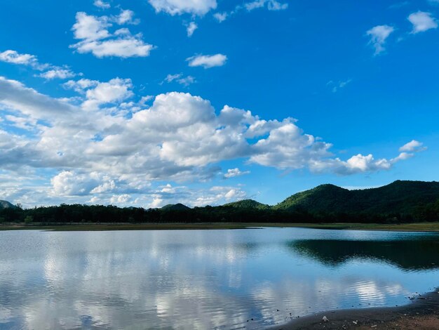 Scenic view of lake against blue sky