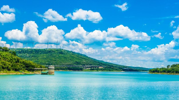 Scenic view of lake against blue sky