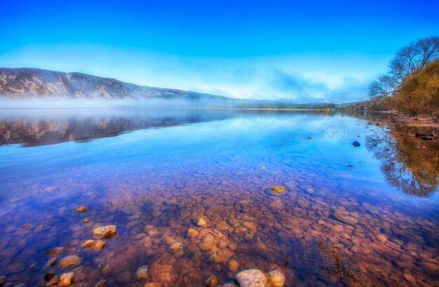 Scenic view of lake against blue sky