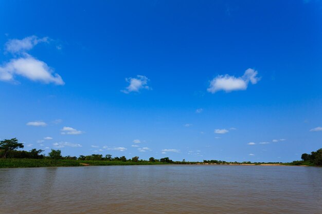 Scenic view of lake against blue sky