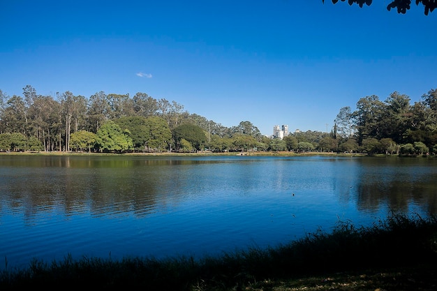 Scenic view of lake against clear blue sky