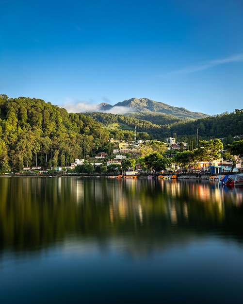 Scenic view of lake against clear blue sky