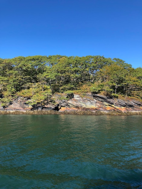 Foto vista panoramica del lago contro un cielo blu limpido