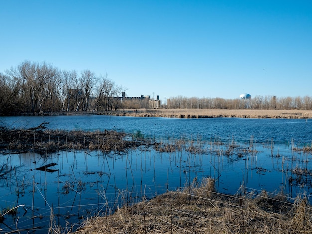 Foto vista panoramica del lago contro un cielo blu limpido