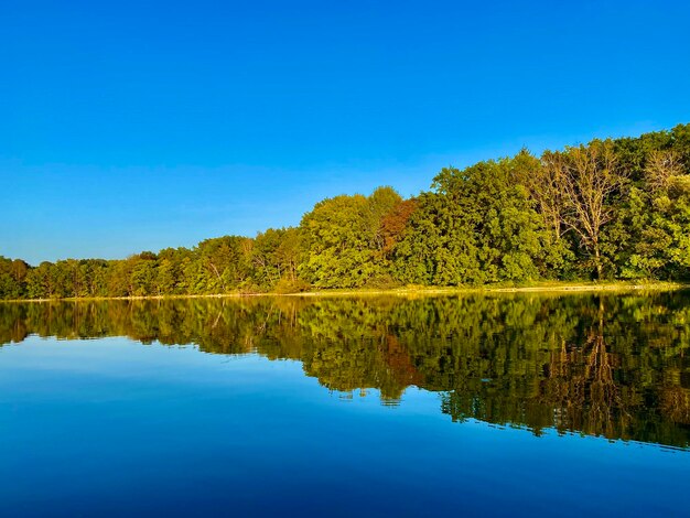 Scenic view of lake against clear blue sky