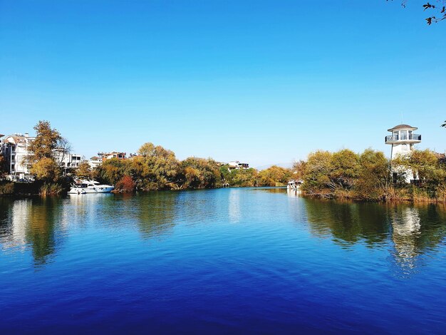 Scenic view of lake against clear blue sky