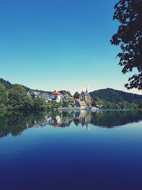 Scenic view of lake against clear blue sky