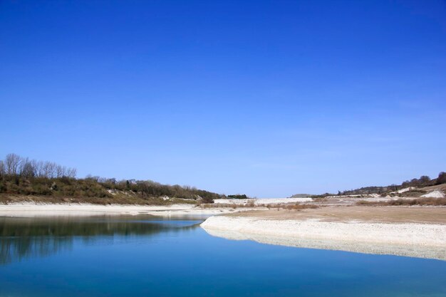 Scenic view of lake against clear blue sky