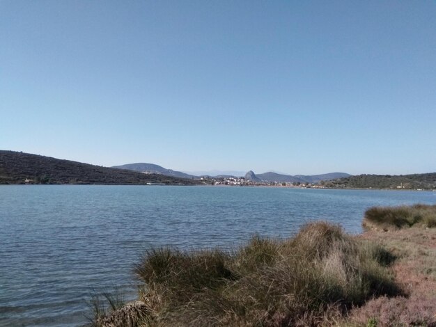 Scenic view of lake against clear blue sky