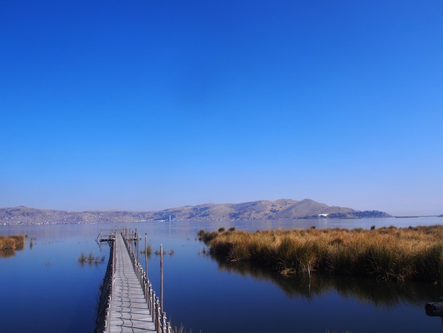 Scenic view of lake against clear blue sky