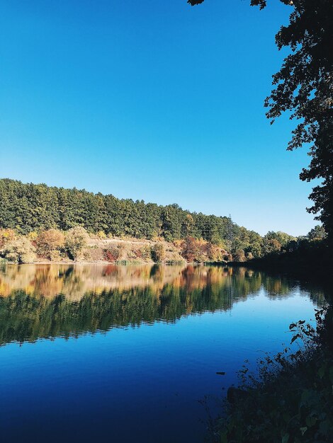 Scenic view of lake against clear blue sky