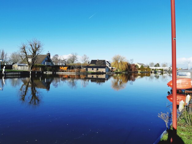 Scenic view of lake against clear blue sky