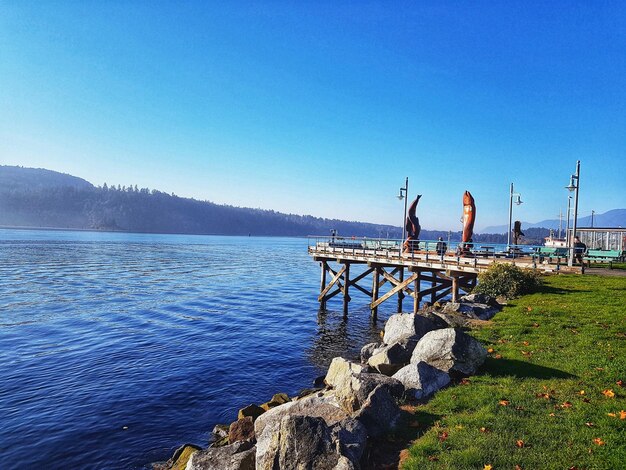 Scenic view of lake against clear blue sky