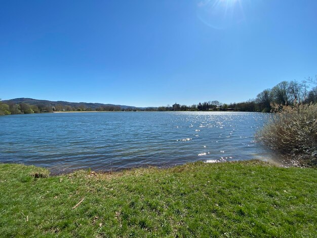 Scenic view of lake against clear blue sky