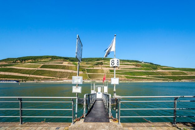 Foto vista panoramica del lago contro un cielo blu limpido