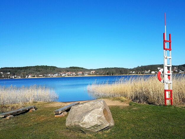 Scenic view of lake against clear blue sky