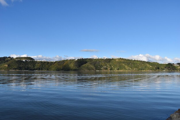 Scenic view of lake against clear blue sky