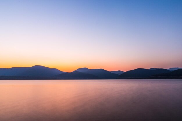 Scenic view of lake against clear sky during sunset