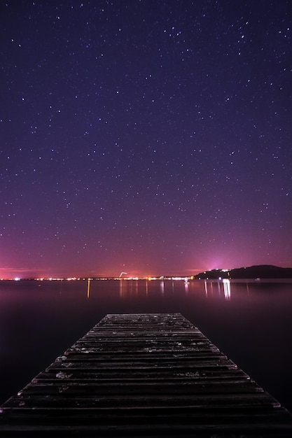 Scenic view of lake against clear sky at night with city lights in the background