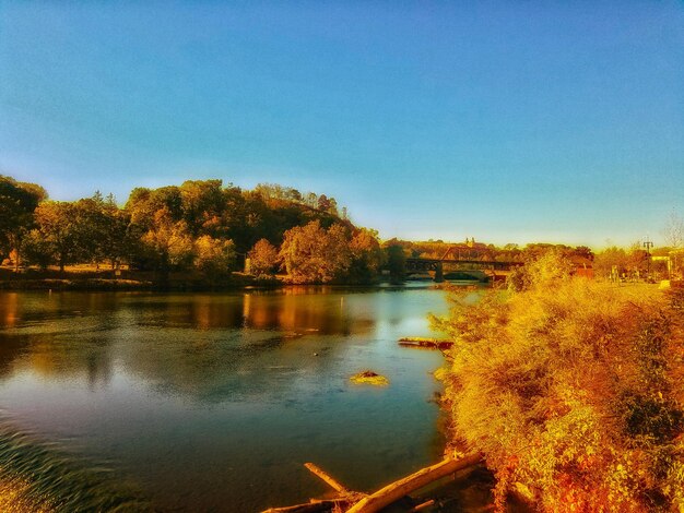 Scenic view of lake against clear sky at sunset