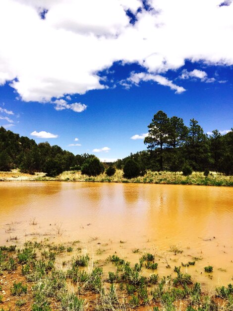 Scenic view of lake against cloudy sky