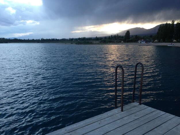 Scenic view of lake against cloudy sky