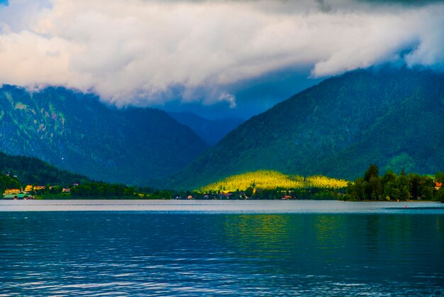 Scenic view of lake against cloudy sky