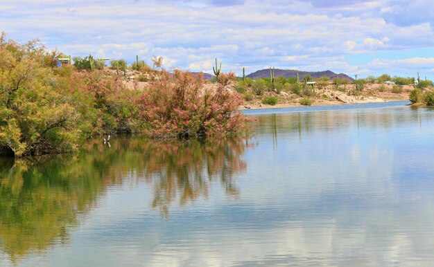 Scenic view of lake against cloudy sky