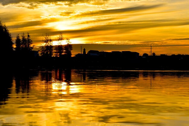 Scenic view of lake against orange sky