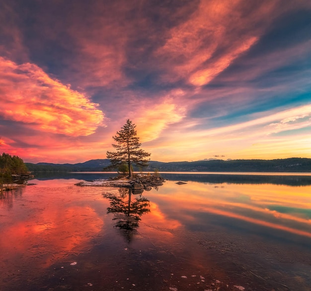 Photo scenic view of lake against romantic sky at sunset