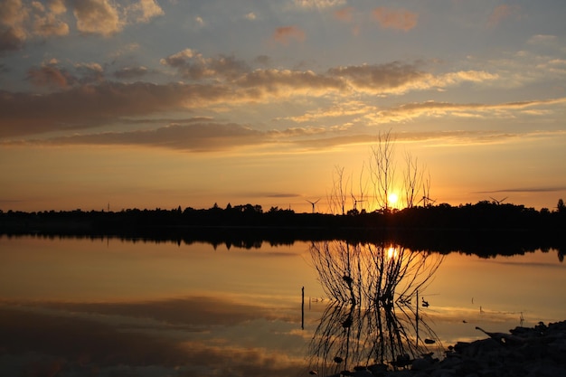 Scenic view of lake against sky during sunset