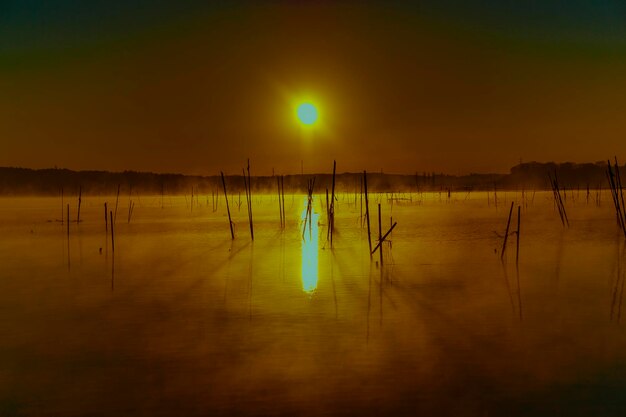 Scenic view of lake against sky during sunset