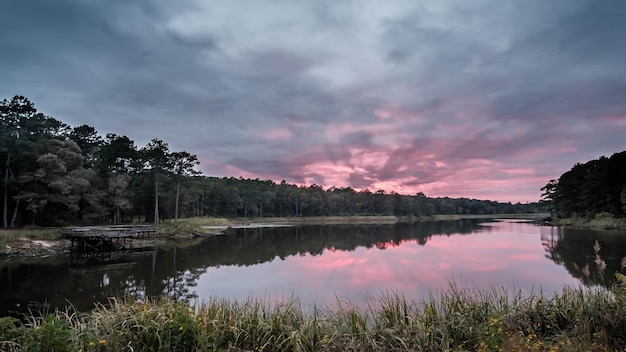 Scenic view of lake against sky during sunset