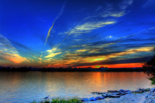 Scenic view of lake against sky during sunset