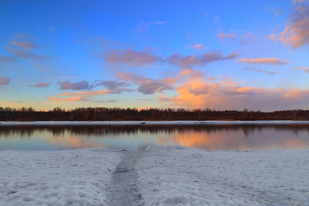 Scenic view of lake against sky during sunset