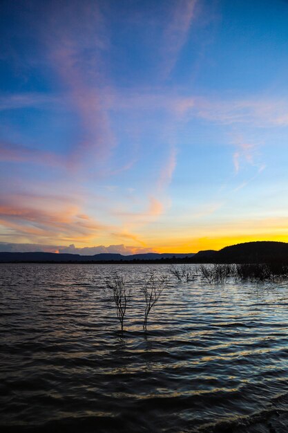 Scenic view of lake against sky during sunset