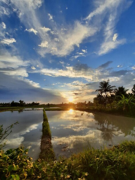 Scenic view of lake against sky during sunset