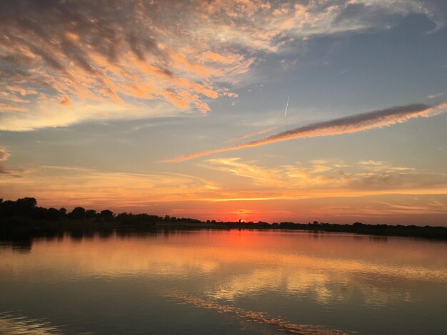 Scenic view of lake against sky during sunset