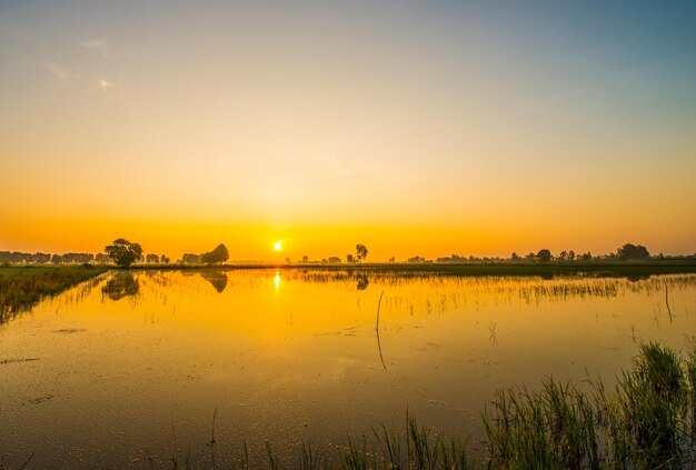 Scenic view of lake against sky during sunset