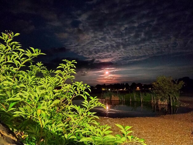 Scenic view of lake against sky at night