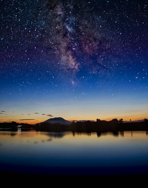 Scenic view of lake against sky at night