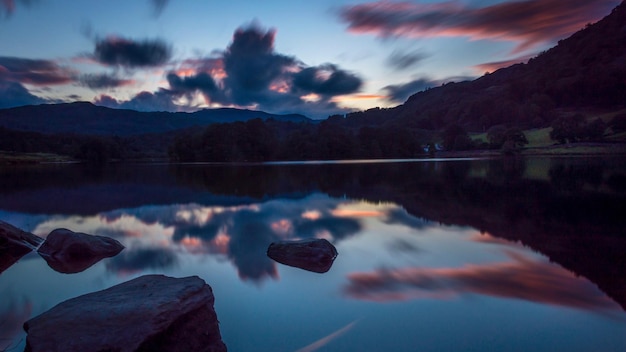 Scenic view of lake against sky at sunset