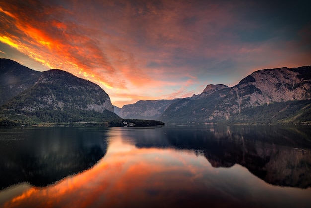 夕陽時對著天空的湖泊風景