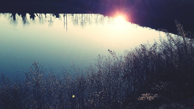 Scenic view of lake against sky during sunset