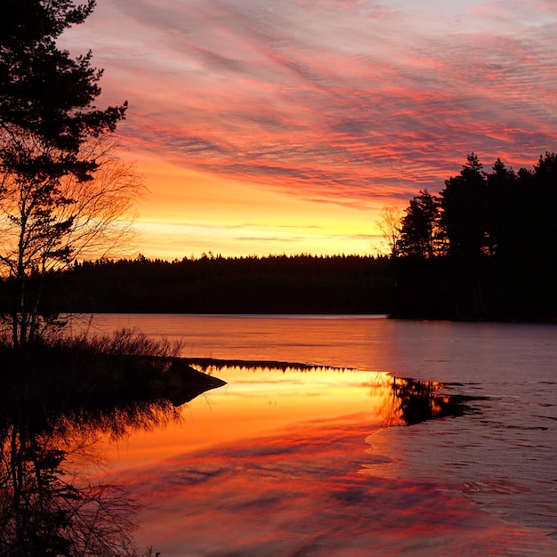 scenic view of lake against sky during sunset