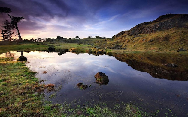 Scenic view of lake against sky during sunset