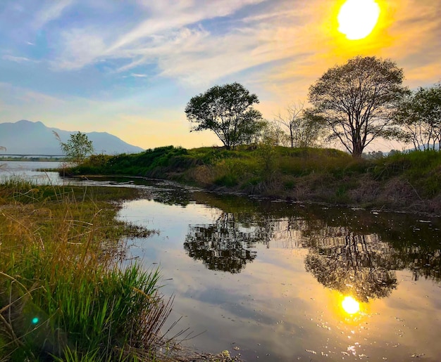 Scenic view of lake against sky during sunset