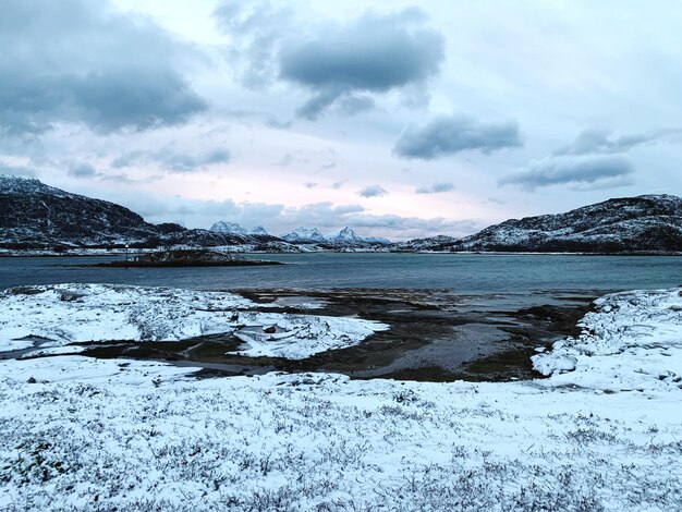 Scenic view of lake against sky during winter