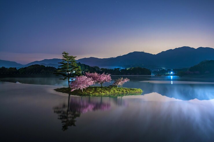 Photo 하늘 을 배경 으로 한 호수 의 풍경