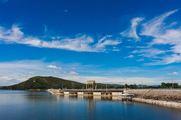 Scenic view of lake by building against blue sky